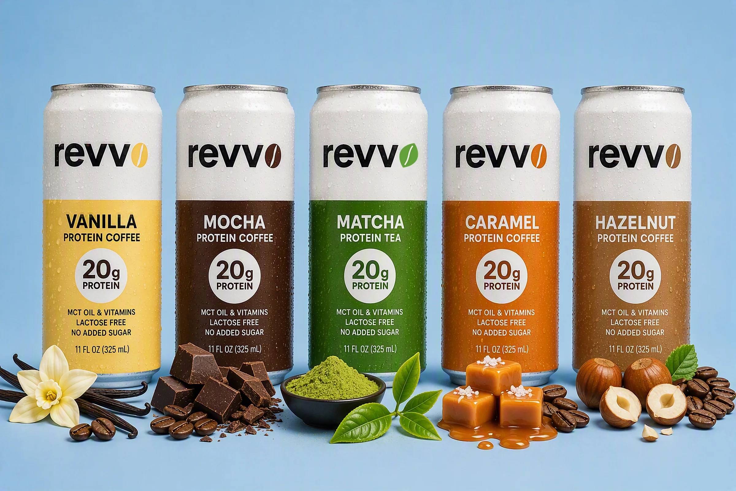 Revvo Vanilla, Mocha, Matcha, Caramel, and Hazelnut cans with their ingredients