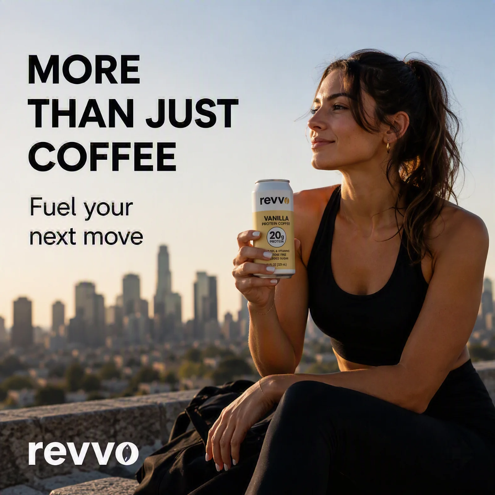 A runner resting above the city holding a can of Revvo Vanilla