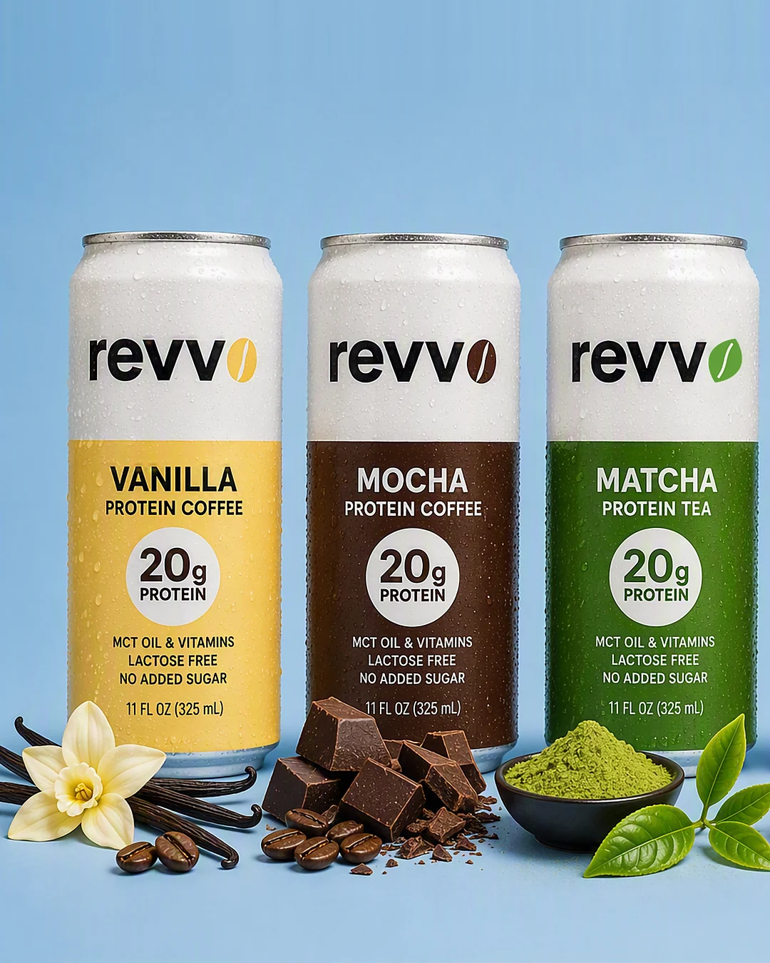 Vanilla, Mocha, and Matcha cans with their ingredients